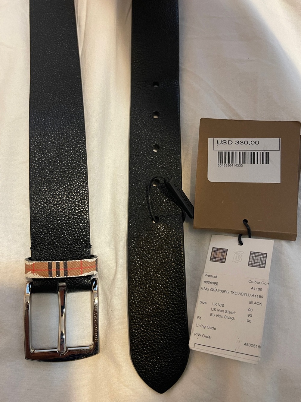 Burberry Black Leather Men's Belt with Haymarket Accent - Picture 12 of 12